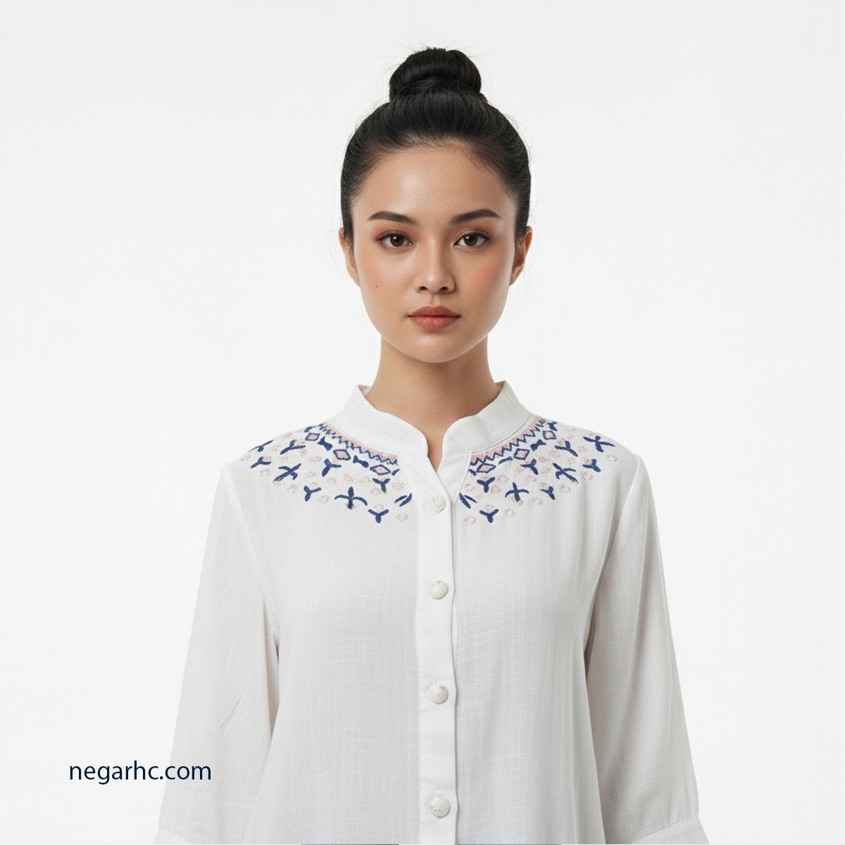 Afghan Embroidered White Mandarin-Collar Blouse
